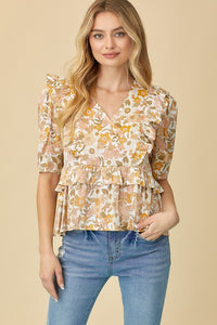 Ivory/Yellow V-neck Top With Ruffle Detail