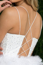 White Sequin Bodice Feather Skirt Dress