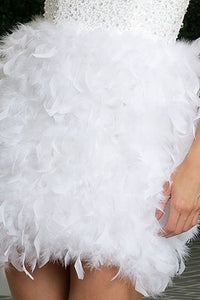 White Sequin Bodice Feather Skirt Dress