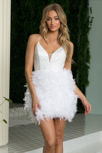 White Sequin Bodice Feather Skirt Dress