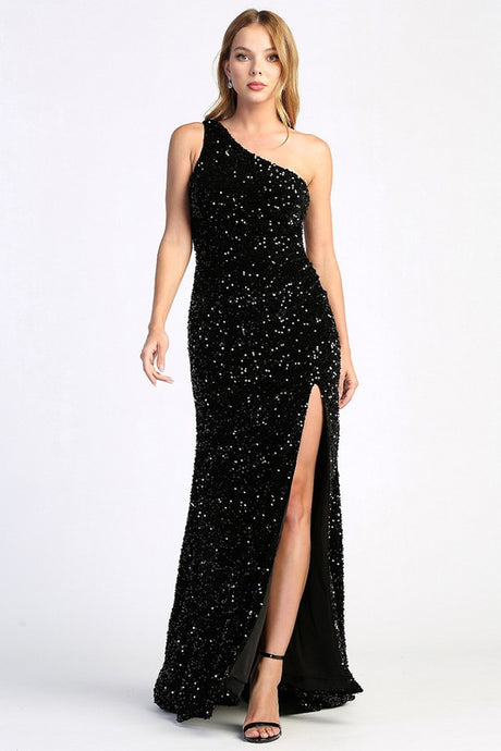 Black One Shoulder Sequin Trumpet Dress