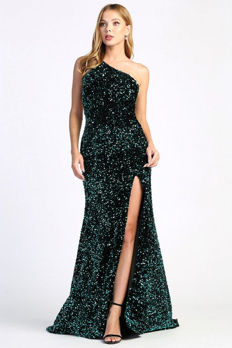 Emerald Green One Shoulder Sequin Trumpet Dress