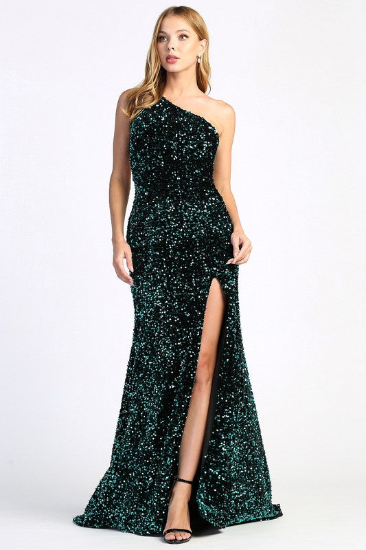 Emerald Green One Shoulder Sequin Trumpet Dress