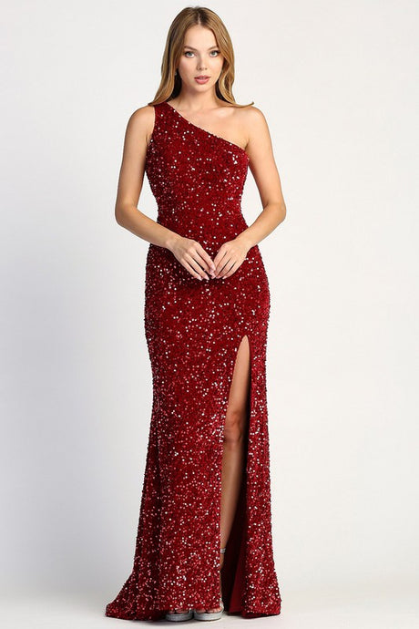 Burgundy One Shoulder Sequin Trumpet Dress