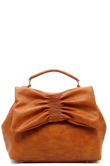 Brown Pleated Bow Flap Crossbody Satchel