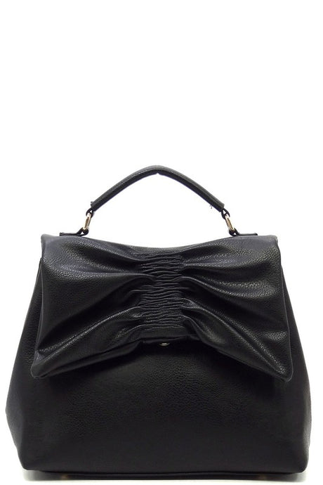Black Pleated Bow Flap Crossbody Satchel