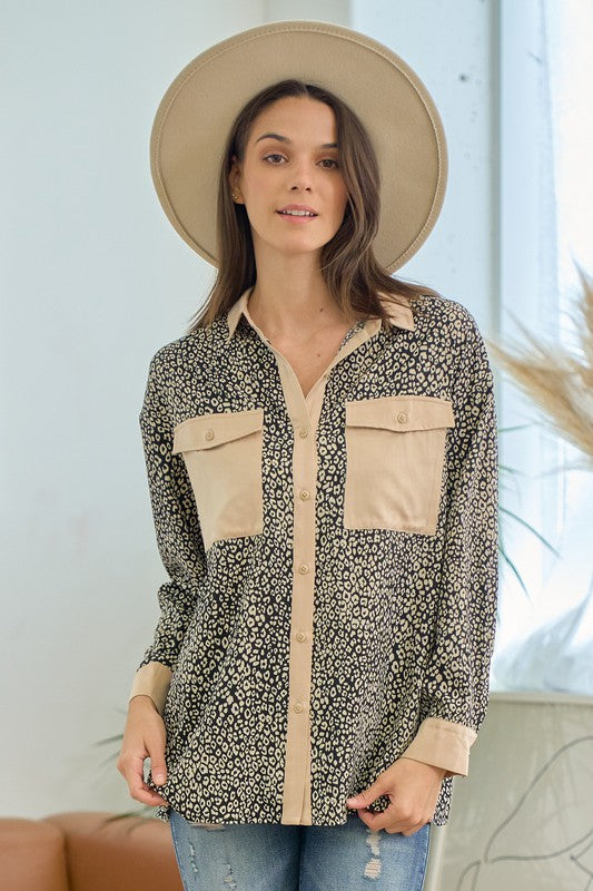 Leopard Button Down Shirt With Double Pocket