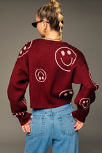 Burgundy-pink Long Sleeve Crew Neck Sweater With Smile Pattern