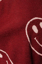 Burgundy-pink Long Sleeve Crew Neck Sweater With Smile Pattern