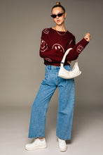 Burgundy-pink Long Sleeve Crew Neck Sweater With Smile Pattern