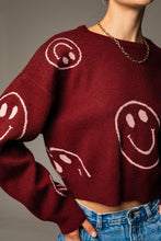 Burgundy-pink Long Sleeve Crew Neck Sweater With Smile Pattern
