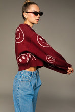 Burgundy-pink Long Sleeve Crew Neck Sweater With Smile Pattern