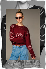 Burgundy-pink Long Sleeve Crew Neck Sweater With Smile Pattern