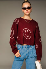 Burgundy-pink Long Sleeve Crew Neck Sweater With Smile Pattern