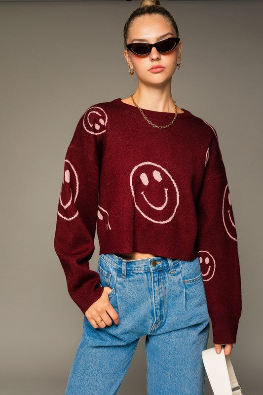 Burgundy-pink Long Sleeve Crew Neck Sweater With Smile Pattern
