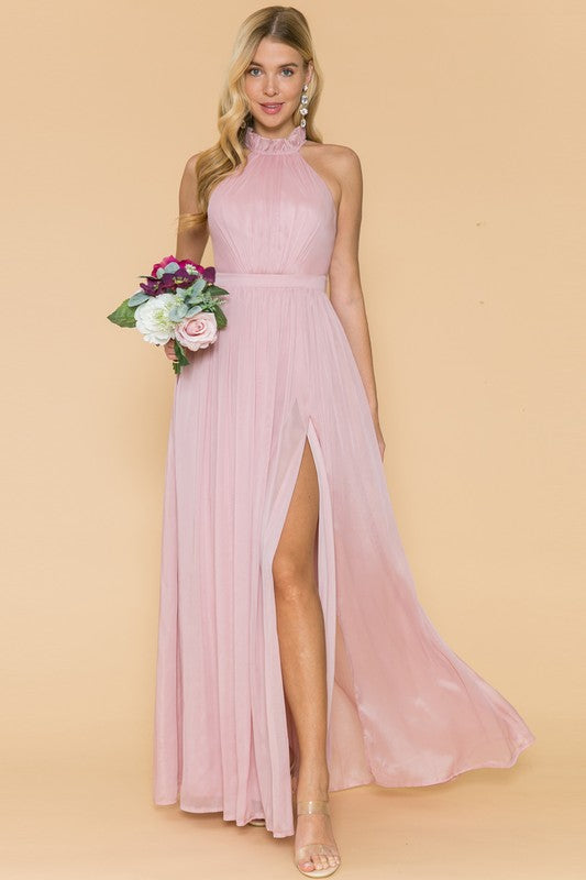 Light Pink Ruffle Neck Line Slit Maxi Dress – Aquarius Brand