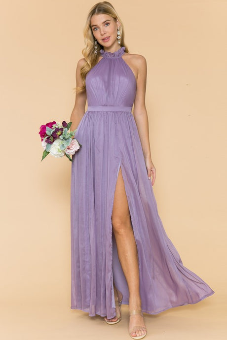 Purple Ruffle Neck Line Slit Maxi Dress