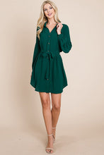 Green Collared Button Down Tie Belt Shirt Dress