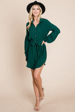 Green Collared Button Down Tie Belt Shirt Dress
