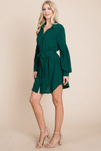 Green Collared Button Down Tie Belt Shirt Dress