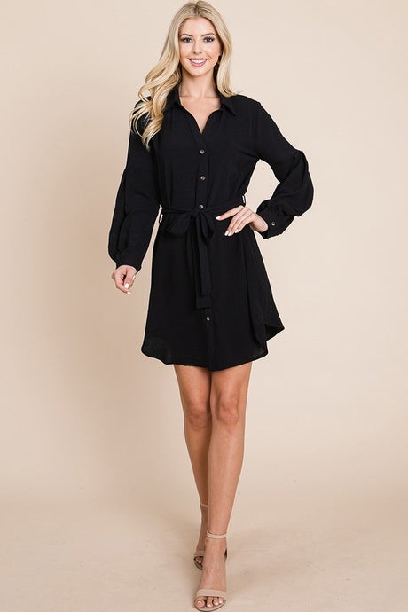 Black Collared Button Down Tie Belt Shirt Dress