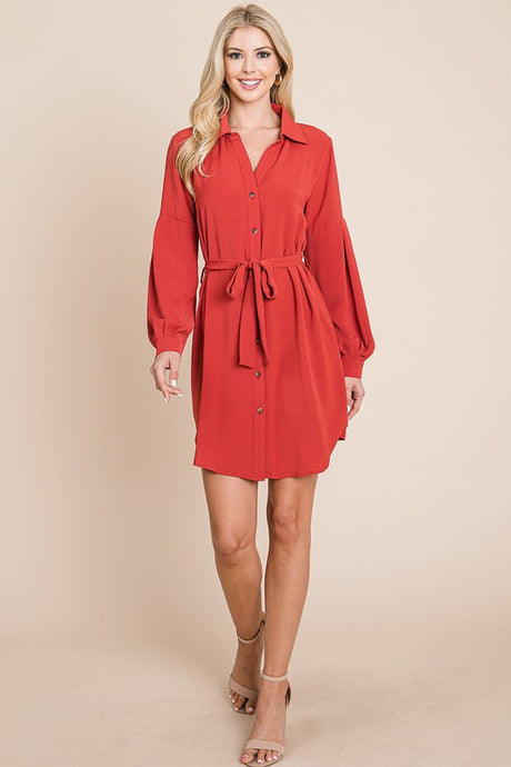 Rust Collared Button Down Tie Belt Shirt Dress