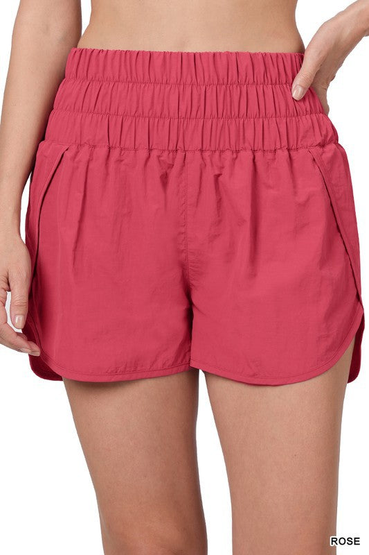 Rose Windbreaker Smocked Waistband Running Shorts