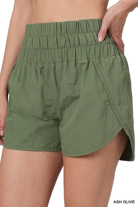 Ash Olive Windbreaker Smocked Waistband Running Shorts