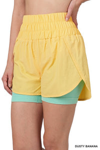 Light Yellow Windbreaker Smocked Waistband Running Shorts