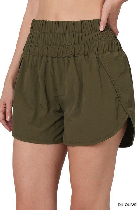 Dk Olive Windbreaker Smocked Waistband Running Shorts