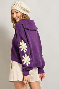 Purple Quarter Zip Flower Detail Sweater