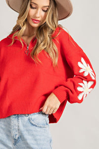Red Quarter Zip Flower Detail Sweater