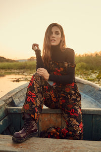 Black Floral Floral Print Adjustable Buckle Straps Jumpsuit