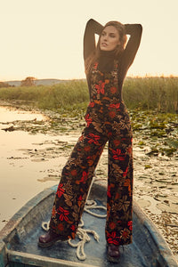 Black Floral Floral Print Adjustable Buckle Straps Jumpsuit