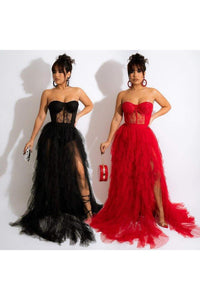 Red Tulle Dresses Tube Lace Slit Dress For Party Prom