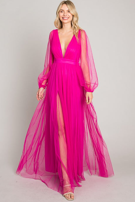 Fuchsia Mesh Long Dress