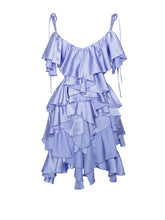 Maren Blue Satin Cutout Ruffle Dress