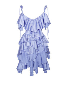 Maren Blue Satin Cutout Ruffle Dress