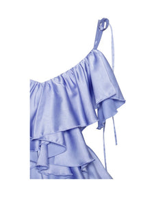 Maren Blue Satin Cutout Ruffle Dress