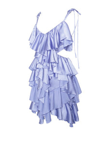 Maren Blue Satin Cutout Ruffle Dress