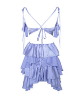 Maren Blue Satin Cutout Ruffle Dress