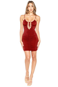 Red Front Keyhole With Spaghetti Strap Ruched Mini Dress