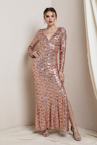 Champagne V Neck Sequin Maxi Dress