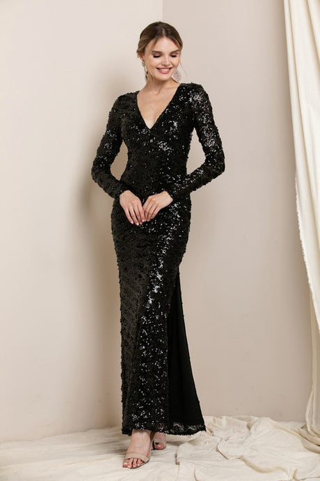 Black V Neck Sequin Maxi Dress