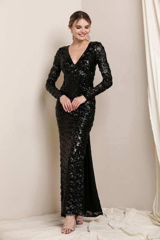 Black V Neck Sequin Maxi Dress – Aquarius Brand