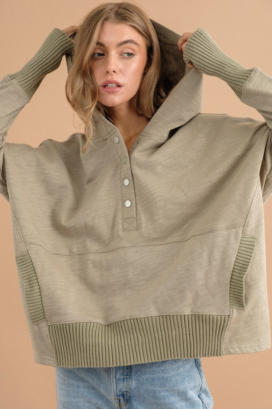 Khaki Oversized Snap Up Hooded Pullover