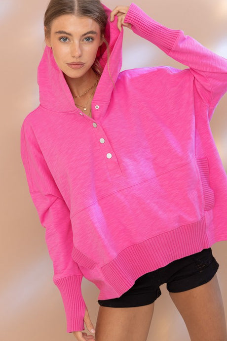 Hot Pink Oversized Snap Up Hooded Pullover