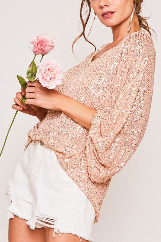 Taupe V Neck Balloon Sleeves Sequin Top
