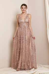 Champagne Deep V Neck Sequin Maxi Evening Dress