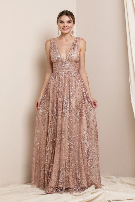 Champagne Deep V Neck Sequin Maxi Evening Dress